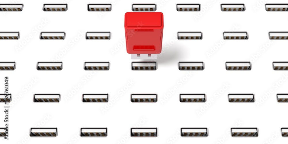 3d illustration of usb ports and simple usb stick. 3d illustration of usb ports and simple usb stick.