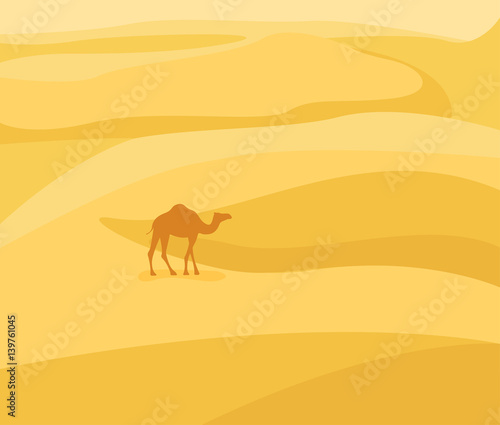 Into the desert: Desert landscape. Camel silhouette on sand background. Vector illustration in flat style