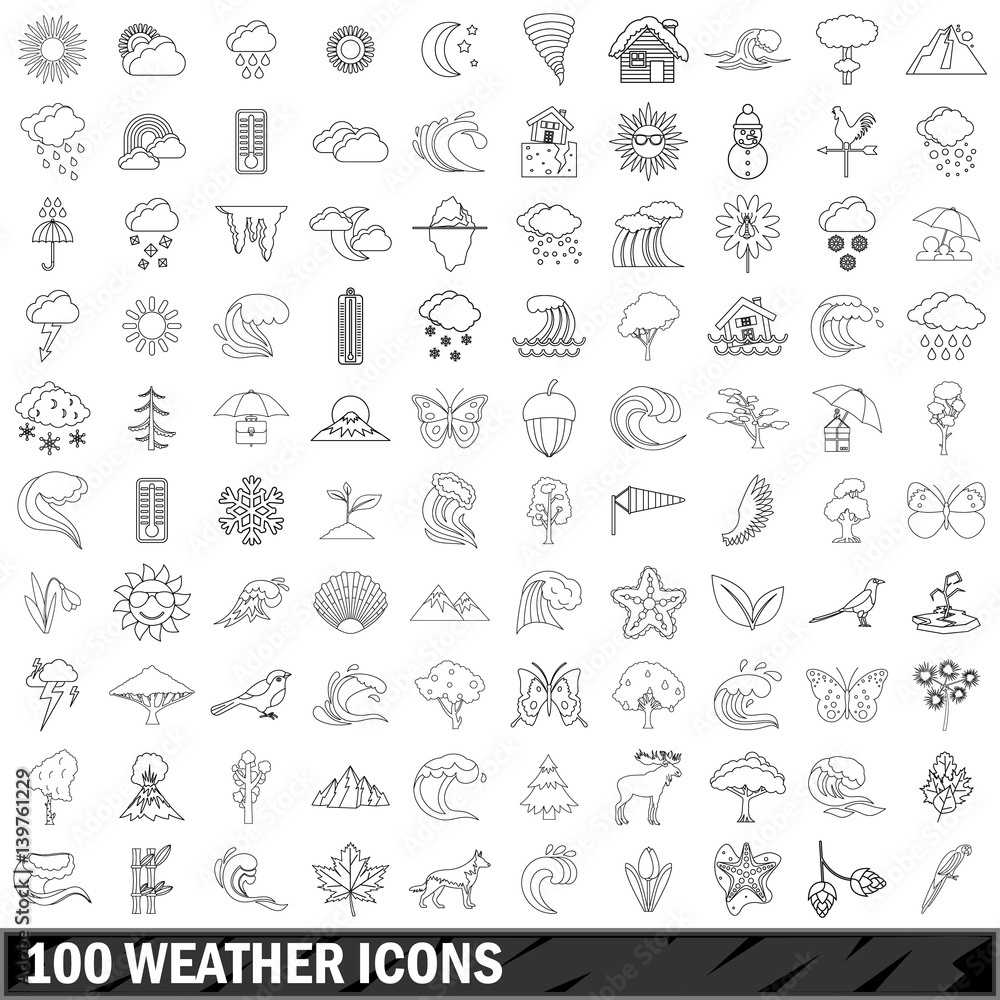 100 weather icons set, outline style