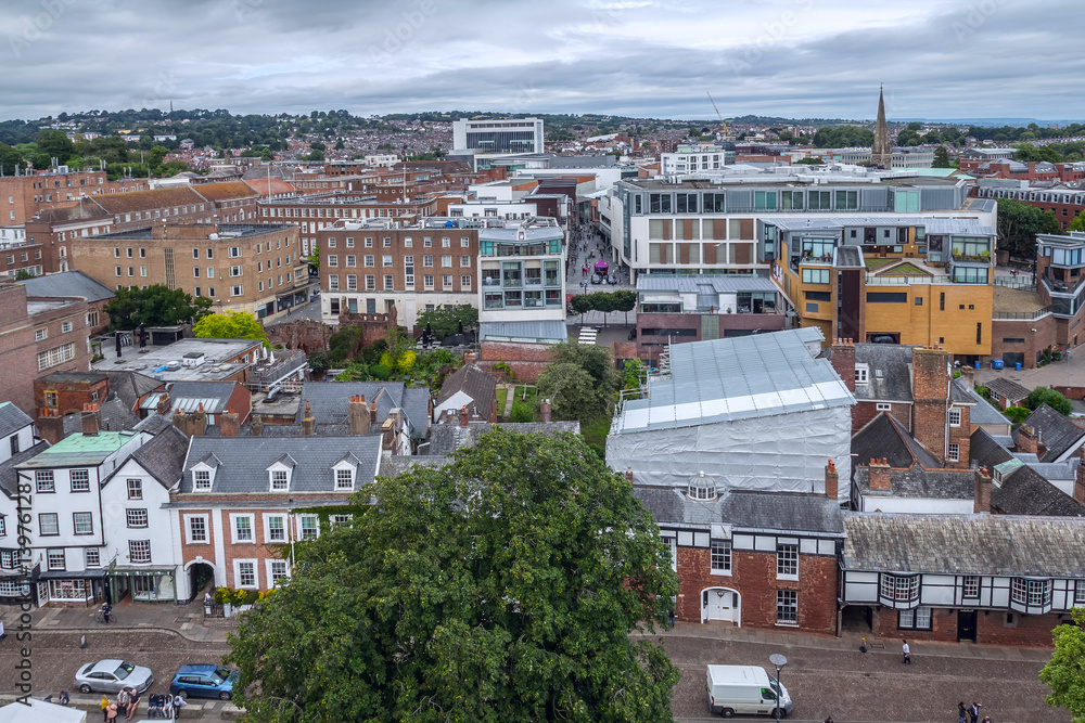 The central part of the city of Exeter. Low-rise dense buildings. View from above. Devon. UK
