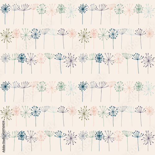 Vector floral seamless pattern with stylized dill or fennel and dandelions flowers.