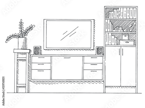 Hand drawn sketch. Linear sketch of the interior. Bookcase, dresser with TV and shelves. Vector illustration.