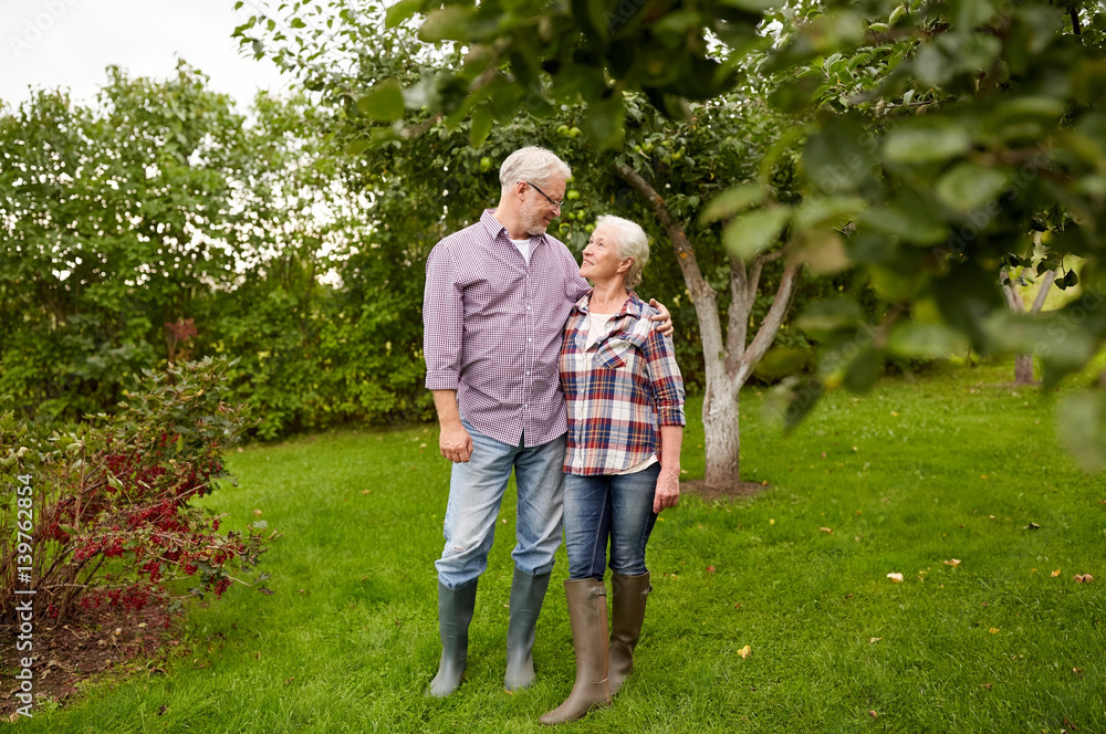 Fototapeta premium happy senior couple hugging at summer garden