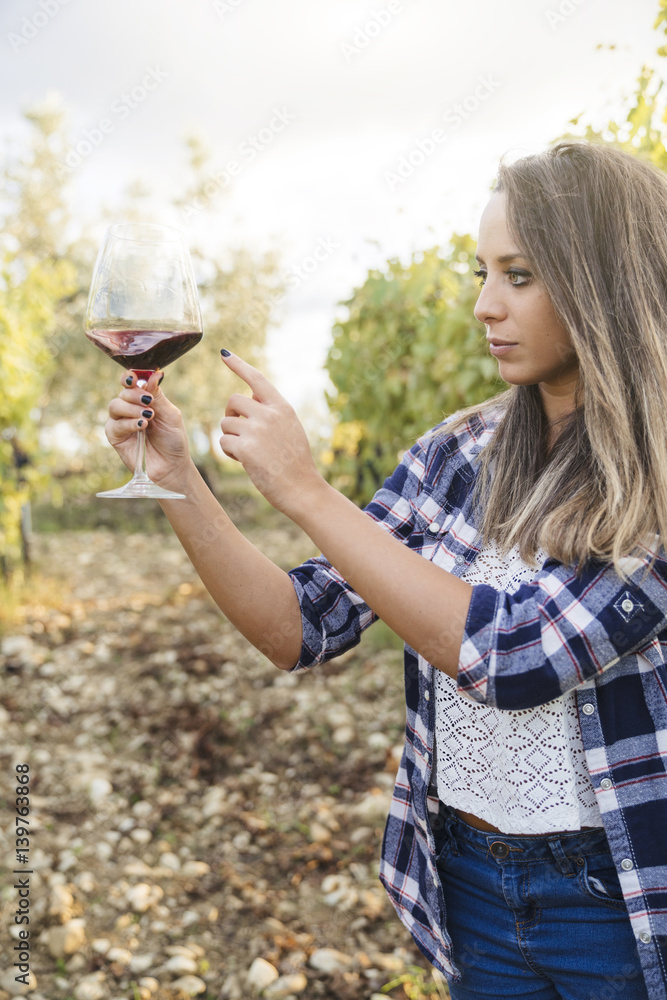 Fototapeta premium group of people tasting red wine i a vineyard