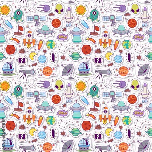 Astronomy icons stickers vector set seamless pattern