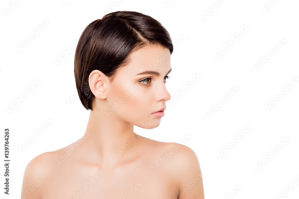 Side view of young beautiful girl with fashionable hairstyle isolated on white background Side view of young beautiful girl with fashionable hairstyle isolated on white background