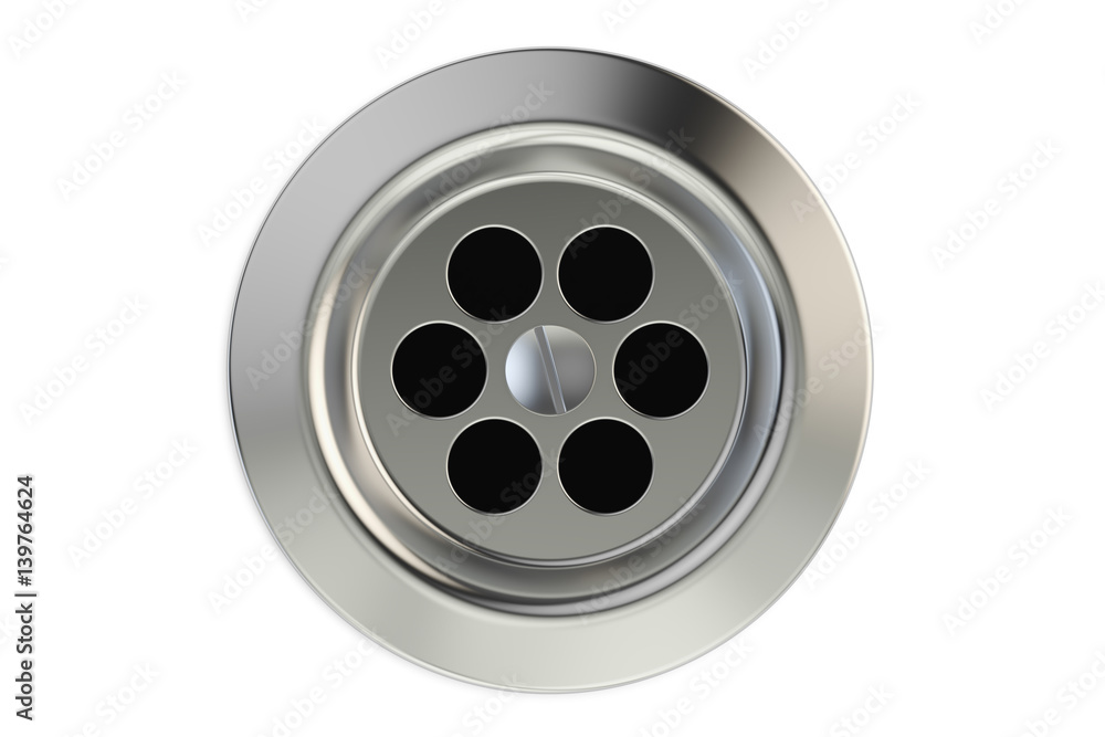 Top view of kitchen sink drain, round plug hole. 3D rendering