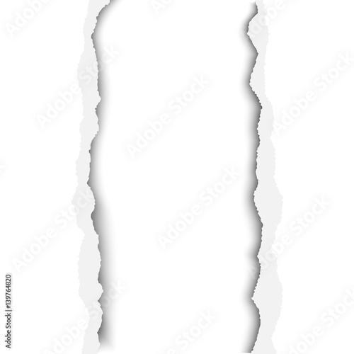 Ragged vertical hole in paper sheet. Main background and the resulting window are white. Edges of the hole have soft shadow. Template paper design.