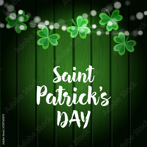 St. Patricks day green wooden background with strings of lights and shamrocks. Party decoration.Vector illustration, web banner.