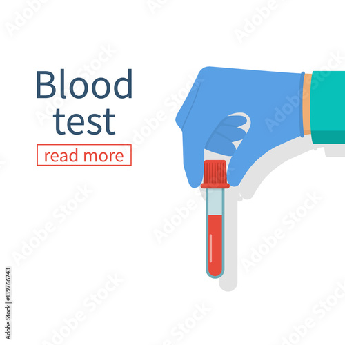 Doctor hold hand sample blood in test tube, isolated. Medical background. Laboratory research. Vector illustration flat design. Equipment for analysis. Blood donation. 