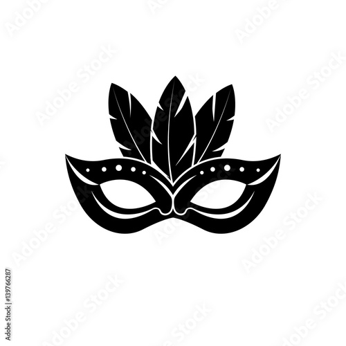 Carnival mask icon black silhouette isolated on white background. Mask with feathers pictogram. Vector illustration flat design. Abstract pattern.