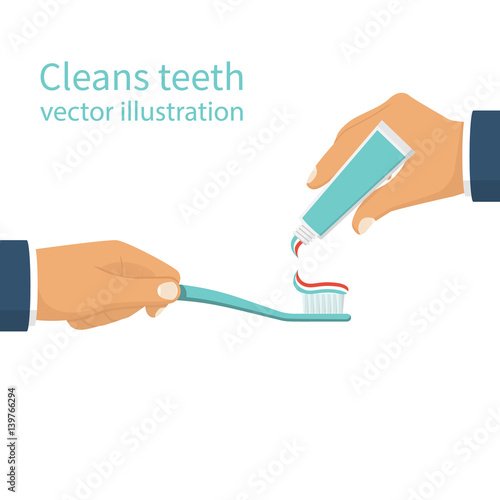 Cleans teeth. A man holding in hand a toothbrush and a tube of toothpaste, squeezing toothpaste. Dental care concept. Oral hygiene. Vector illustration flat design. Isolated on white background.