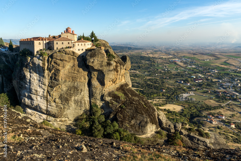 Amazing Sunset view of  Holy Monastery of St. Stephen in Meteora, Thessaly, Greece