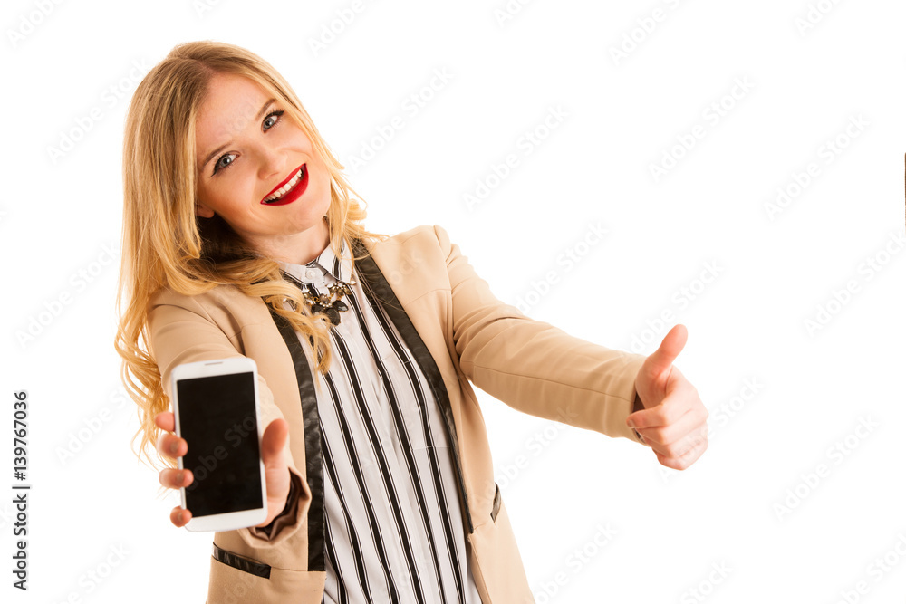 Fototapeta premium Business woman showing smart phone with blank display for text or commercial advertisement ad
