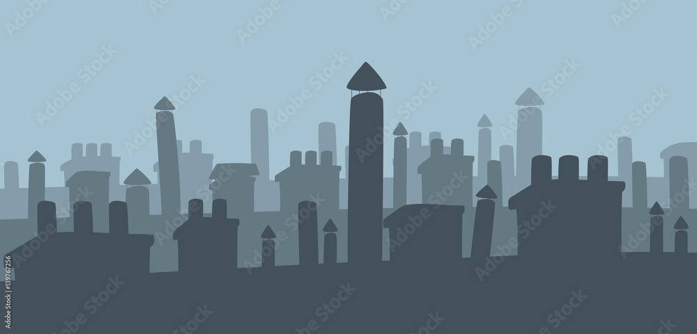Chimneys on roofs of city houses silhouette. Night scene of city roofs. Flat vector illustration