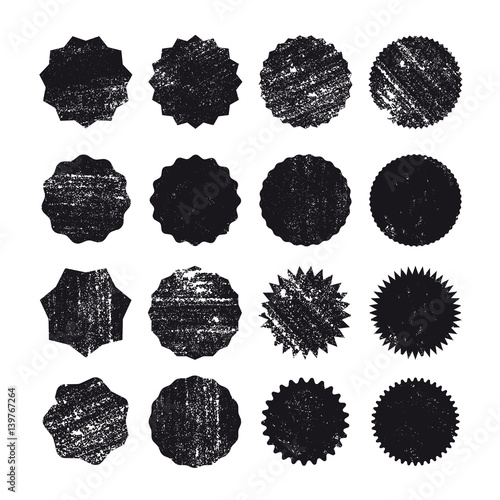 Different starburst sunburst badges, black shapes. Blank shapes. Vector illustration distress textures.