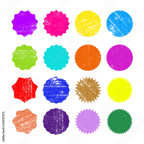 Different starburst sunburst badges, colorful shapes. Blank shapes. Vector illustration distress textures.