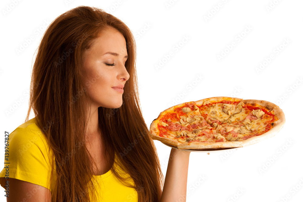 woman eats delicious pizza isolated over white background
