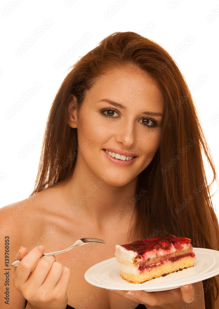 strawberry cake - wman eats sweet dessert isolated