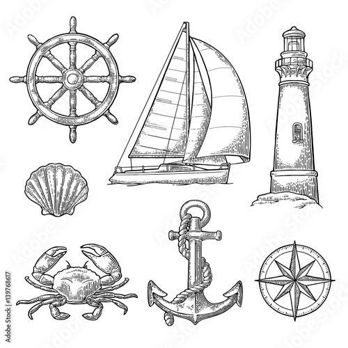 Anchor, wheel, sailing ship, compass rose, shell, crab, lighthouse engraving