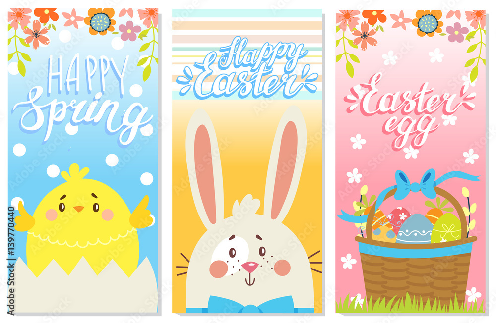 Happy Easter. Set of Happy Easter greeting cards. Rabbit,chicken and eggs. Vector illustration Happy Easter. Set of Happy Easter greeting cards. Rabbit,chicken and eggs. Vector illustration