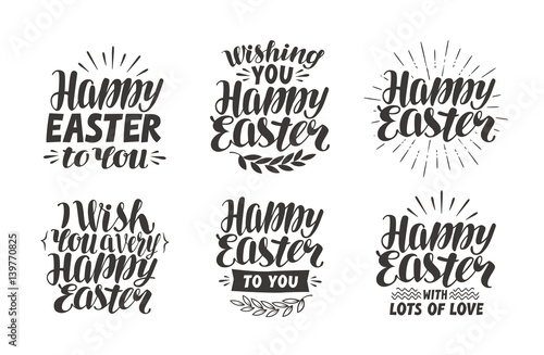 Happy Easter, greeting card. Religious holiday label, symbol. Lettering, calligraphy vector illustration