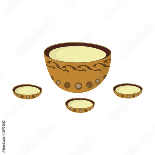 A plate with three cups and Mongolian ornaments.The national dish of the Mongols.Mongolia single icon in cartoon style vector symbol stock illustration.