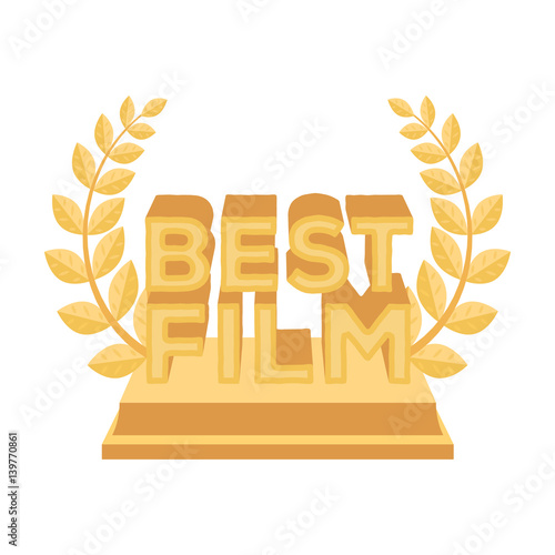 Golden statue with a wreath and inscription.The prize for best film.Movie awards single icon in cartoon style vector symbol stock illustration. photo