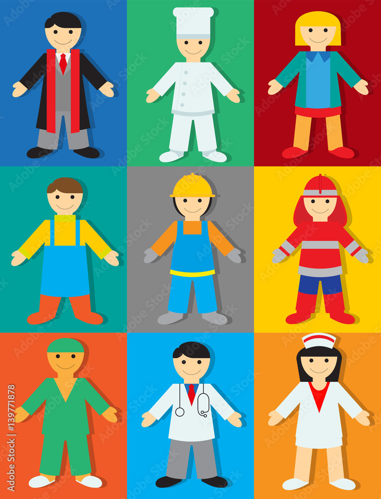 Professions with Colors & Shadows. Vector Illustration of People of Different Professions for Children