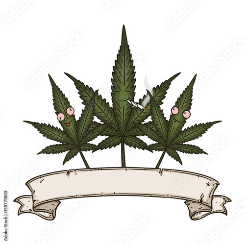 Three cannabis leafs with vintage scroll. Cartoon comic character.