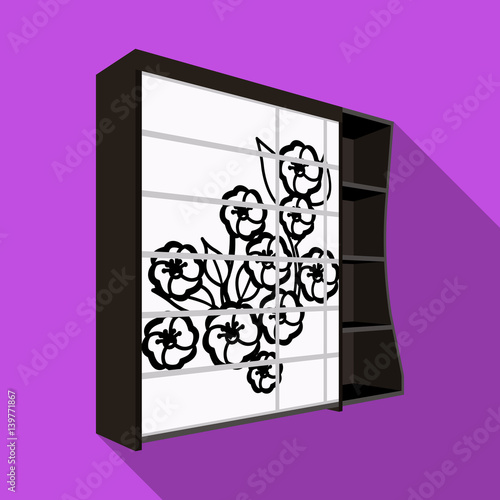 Black bedroom wardrobe with cells.Wardrobe with a beautiful rose on the door.Bedroom furniture single icon in flat style vector symbol stock illustration.