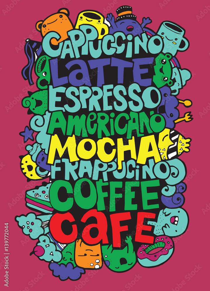 Fototapeta Hand drawing names of popular coffee drinks with cute monsters ,Vector illustration