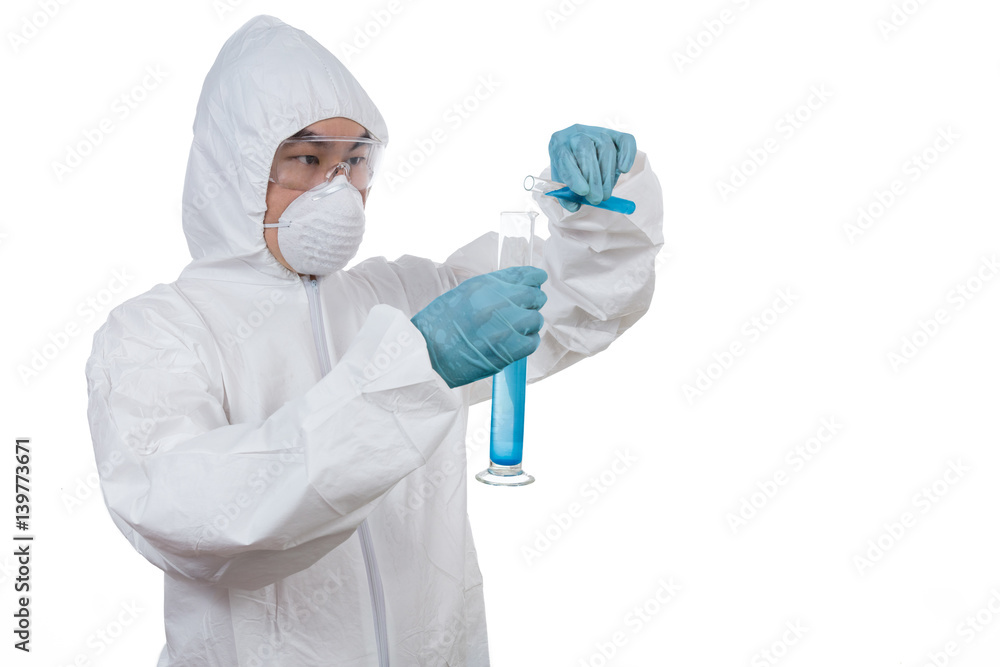Asian Chinese scientist in protective wear holding test tube Asian Chinese scientist in protective wear holding test tube
