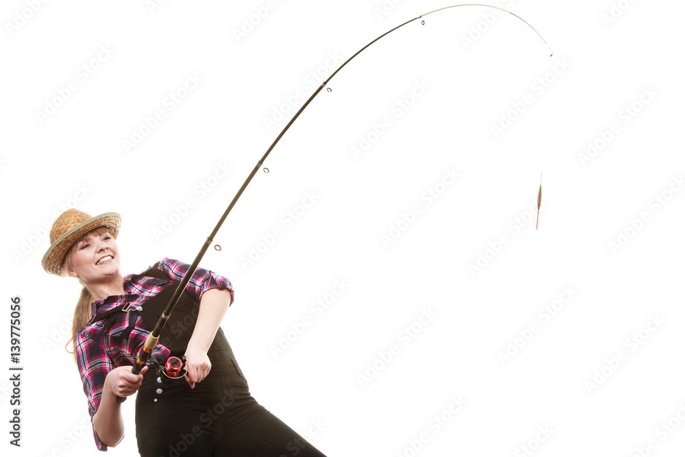 Happy woman in sun hat holding fishing rod Happy woman in sun hat holding fishing rod