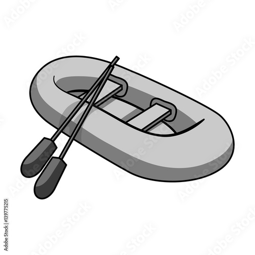 Orange rubber lifeboat.The boat, which weighs on the sides of large boats for the rescue.Ship and water transport single icon in monochrome style vector symbol stock illustration.