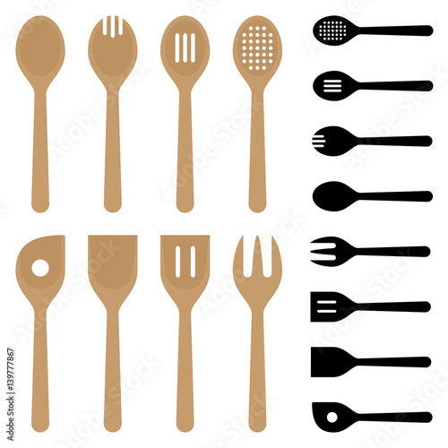 Vector Illustration of a set of Wooden Spoons and their Silhouettes. Illustrator 8, Global Colors, neat work, easily editable.