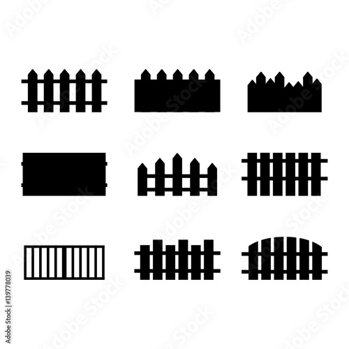 Set of rural black fences silhouettes isolated on white background