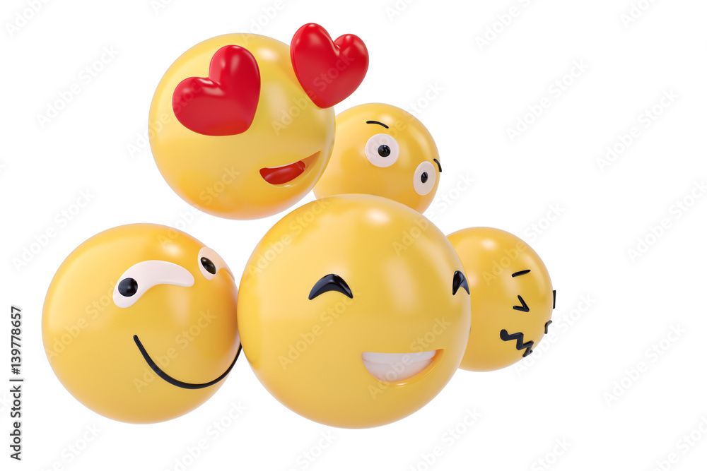 Emojis icons with facial expressions social media concept isolated white.3D illustration. Emojis icons with facial expressions social media concept isolated white.3D illustration.
