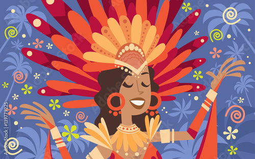 Brazil Carnival Latin Woman Wear Bright Costume Traditional Rio Party Flat Vector Illustration