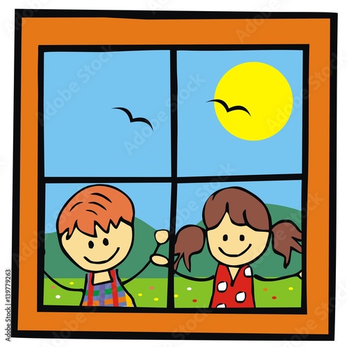 children and window, landscape, vector illustation