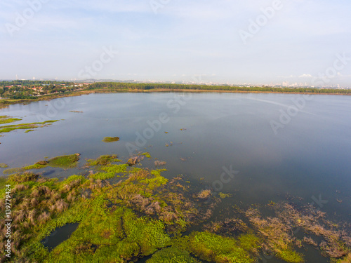 Aerial view of tranquil lake near Pattaya city in morning