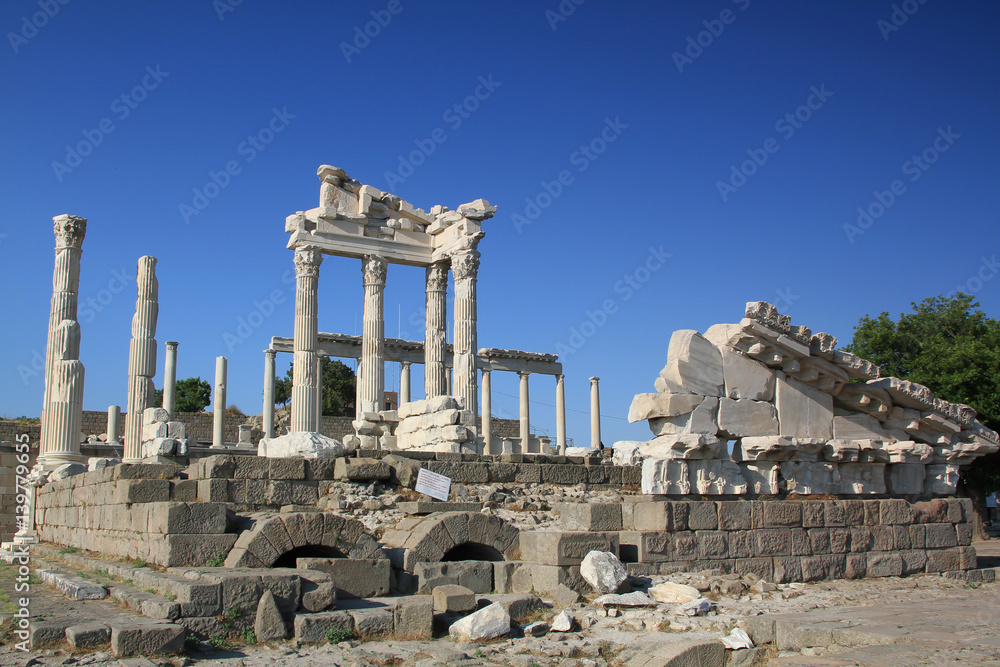 Ruins of the ancient temple of Trajan in Bergama Acropolis, Turkey