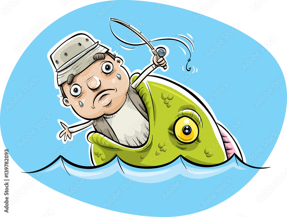 A cartoon fisherman who is sad because he is being eaten by a large fish in  the water. Stock Vector | Adobe Stock