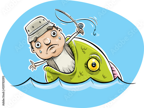 A cartoon fisherman who is sad because he is being eaten by a large fish in the water.