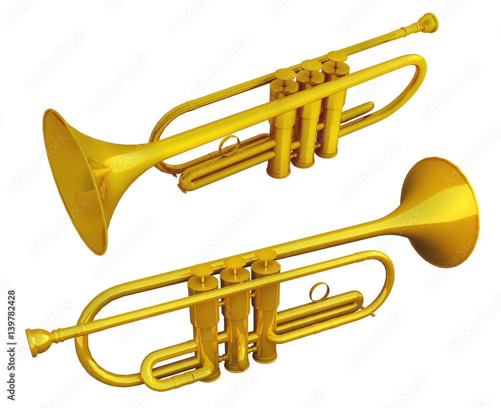 Obraz premium Golden trumpet on white isolated background. 3d