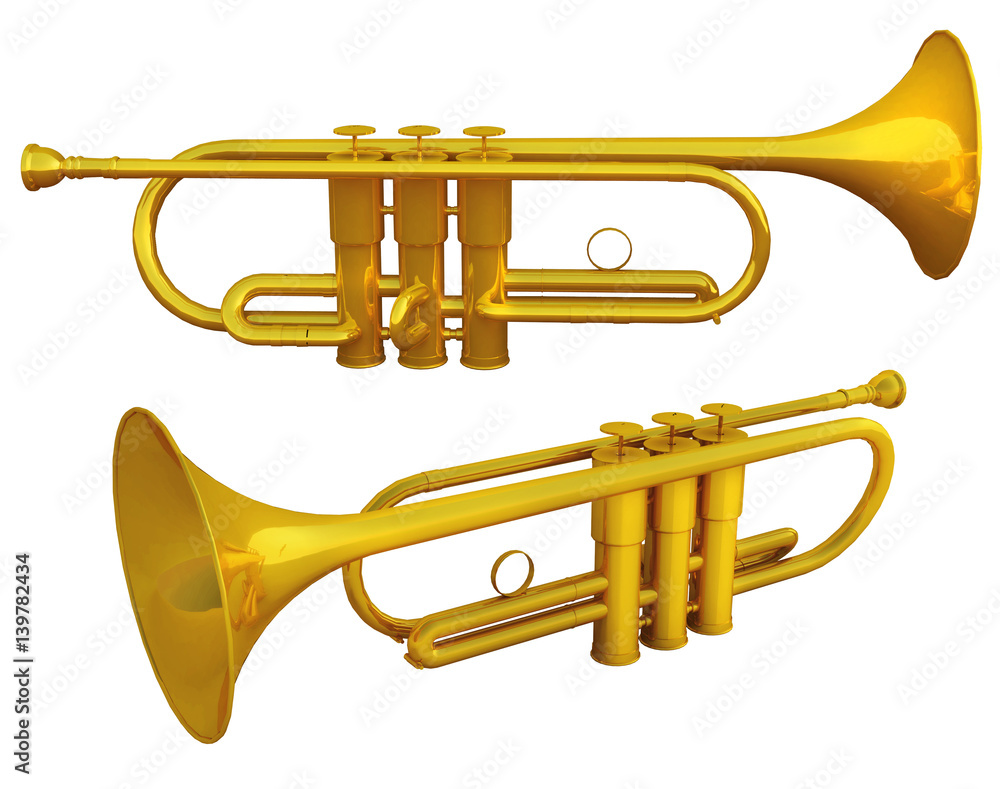 Obraz premium Golden trumpet on white isolated background. 3d
