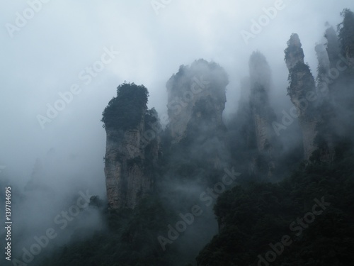 Fog covering the mountain. Landscape.