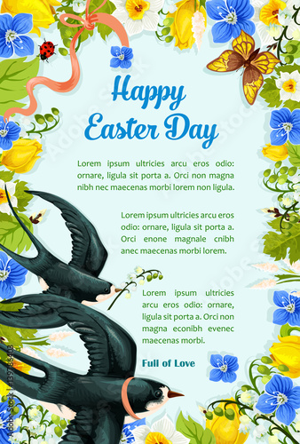 Easter poster swallows, vector paschal flowers