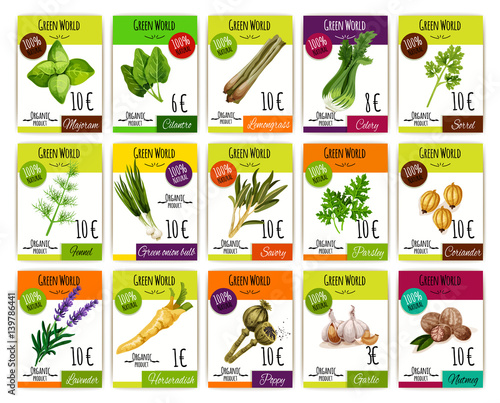 Spice and herbs vegetables price tags vector set