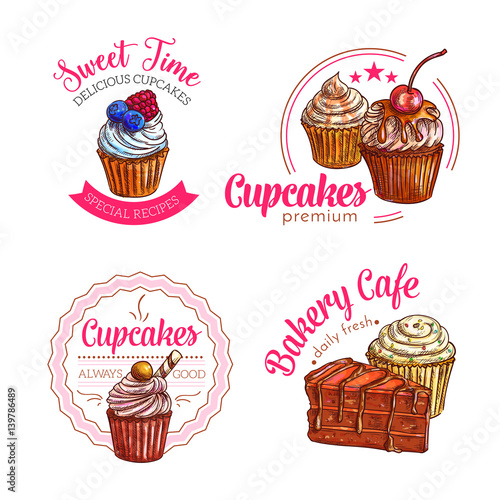 Dessert cakes and cupcakes vector icons
